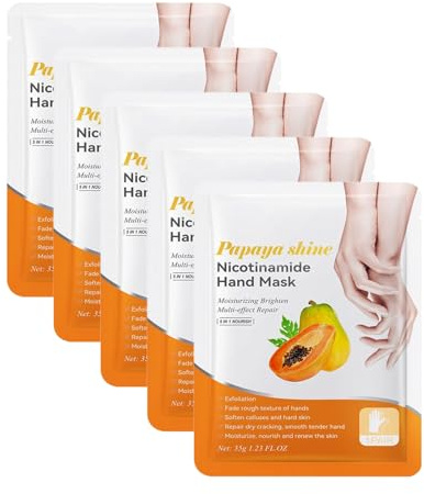5 Pairs Maschera per Mani Guanti Idratanti, Maschera Mani Nutriente alla Papaya, Hand Mask, Nutre in Profondità la Pelle, Previene la Secchezza Cutanea, Illumina il Tono Della Pelle