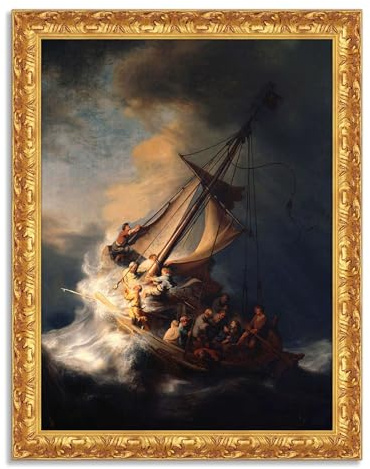LuxHomeDecor Rembrandt - La tempesta sul mare di Galilea - Quadro stampa su tela effetto dipinto con cornice in legno oro classico - 50x40 cm