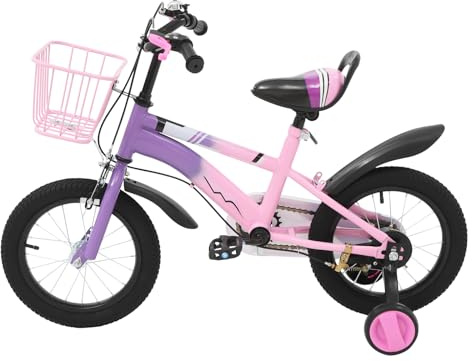 Mqwdxzfes 14 tums uppgraderad barncykel, justerbar höjd nybörjare barncykel med stödhjul & korg, flickcykel pojkcykel, balanscykel för flickor och pojkar 3–6 år (lila)