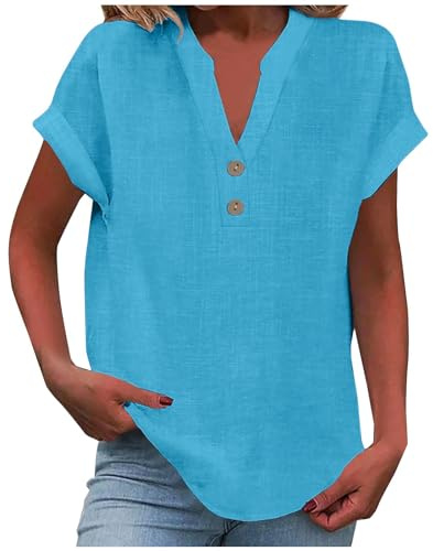 KOG Damen Tshirt Fashion Leinenshirt Kleidung Lose Kurzarm Blusenshirt Teenager Longbluse Retro Leinen Frauen Rundhals Oversized Tee Shirt Blau 5XL