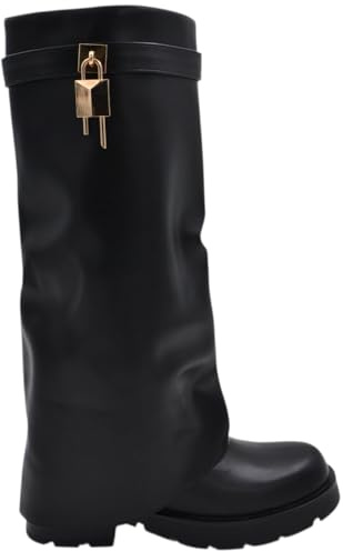 Stivali Donna al Ginocchio Shark in Pelle Nera con Risvolto Gancio Oro Suola Platform 3 cm Zip Interna Nascosta (36 EU)
