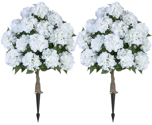 BLOSMON Fake Hydrangea Trees for Outdoors - 2 Packs 33 White Artificial Flower Topiary Ball Trees for Front Porch Decor - 20 Heads Faux Silk Hydrangea Bush Plants with Spike for Garden Yard Patio