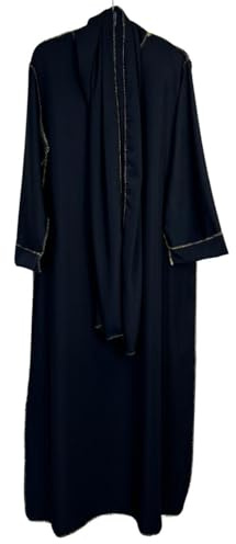 VR2 Denim Womens Luxury Gold Trim Abaya & Matching Hijab Set, Modest Wear Length 55-56