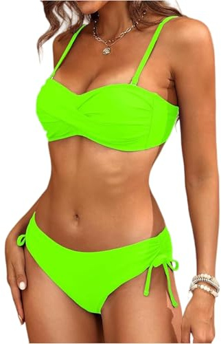 Maillot De Bain Femme 2 Pieces Bikini Torsadé Rembourré Bretelles Réglables Ensemble Sexy Imprimé Taille Basse Cordon Réglable Slim Plage Vacances Été Beachwear B_Vert Fluo， B_Vert Fluo