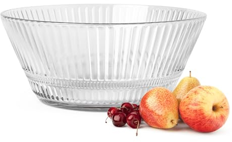 Sendez Cuenco de cristal de 2,1 litros, grande, frutero, ensaladera, cristal estriado, 22 cm, forma cónica para ensalada, fruta, postre, aperitivos, cocina, decoración de mesa
