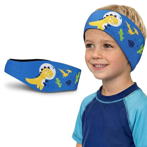 Stirnband Kinder Schwimmen, Ohrenschutz Schwimmen Kinder aus Neopren, Wasserdichtes Schwimmstirnband für Jungen & Mädchen, Dinosaurier-Welt Design, Blau, 51cm