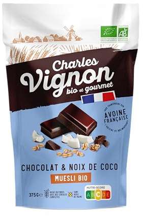 Charles Vignon - Muesli Bio Pépites & Flocons - Chocolat Noix de Coco - Sans Huile de Palme, Riche en Fibres - Sachet Refermable - 375g
