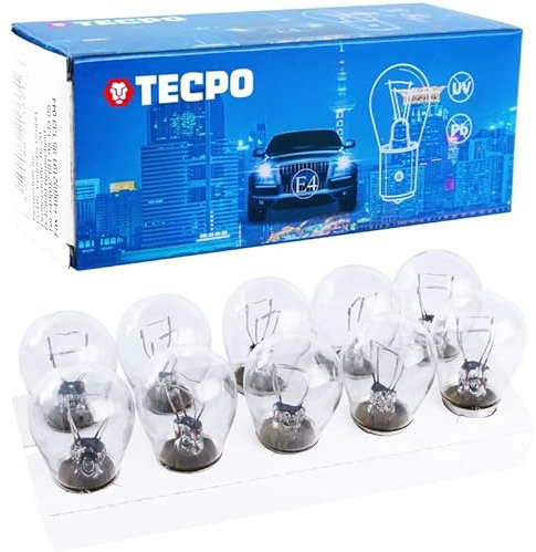 TECPO 10x Glühbirnen P21W 12V 21W mit E-Prüfzeichen, ideal für Bremslicht, Rückfahrleuchte und Tagfahrlicht, Doppelfaden, höhenversetzte Pins, universelle Kugellampen für Bremsleuchte & Rückfahrlicht
