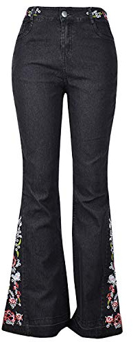 Jeans évasé pour Femme - Pantalon en Jean délavé avec Broderie Florale - Noir - 44