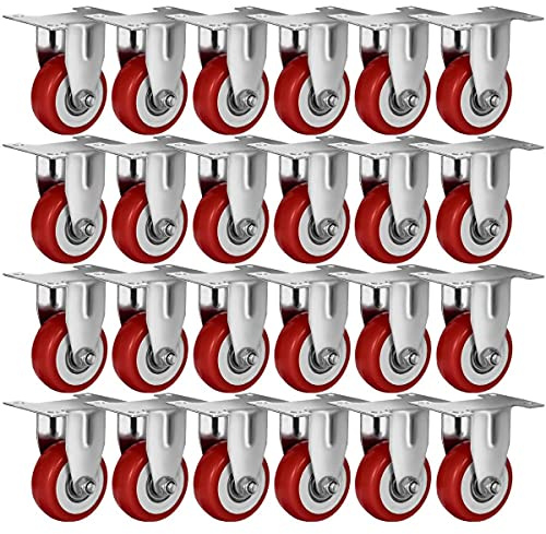 24 Pack 2 Caster Wheels On Red Polyurethane Wheels Top Plate Non Swivel Rigid Fixed Stationery