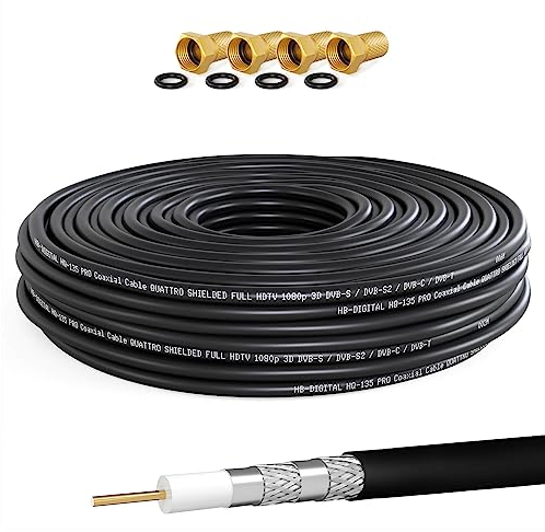 HB-DIGITAL 10m SAT Koaxial Kabel 135dB 8K 4K UHD 4-Fach geschirmt für DVB-S / S2 DVB-C / C2 DVB-T / T2 DAB+ Radio + inkl. 10x vergoldete F-Stecker BK Anlagen - Stahl/Kupfer Innenleiter - Schwarz