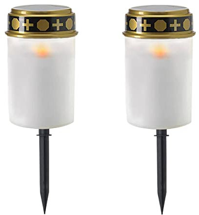 Lanterne Solaire Funeraire LED, Lanterne Funéraire pour Cimetière avec Effet de Flammes, Etanche Lumières Décoratives pour Prière Sacrificielle Rituelle de Cimetière 2Pièces (blanc,avec enjeux)