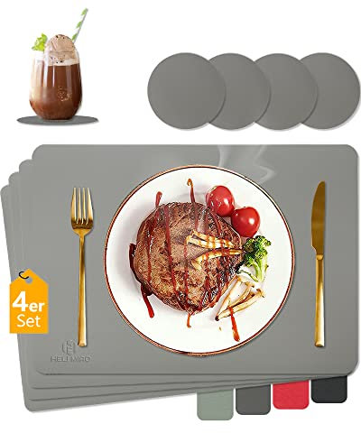 HELI MIAO Tischsets Abwaschbar,Platzsets Abwischbar,Hitzebeständig 4er Set Tischset Leder mit Untersetzer,Platzdecken,Platzdeckchen Wasserdicht Tischset für Hause Küche Restaurant und Hotel,Hellgrau