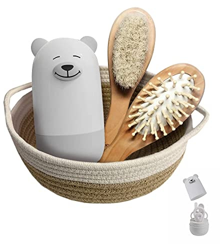 Baby 7 in 1 set di toelettatura, forbici per unghie, lima per unghie, pinzette, pettine per capelli in legno naturale, cesto portaoggetti per bambini e neonati in bella confezione regalo