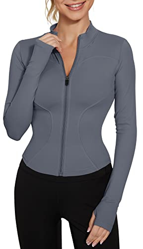 LUYAA Träningsjacka för kvinnor, lätt dragkedja, yoga, jacka, cropped Athletic Slim Fit-toppar, A-blågrå, L