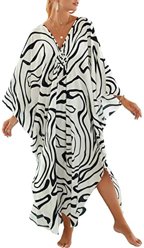 Bsubseach Mujeres Más Tamaño Caftán Kaftán Vestidos Bohemia Traje de baño Cubierta Hasta Tropical Resort Wear Blanco Negro