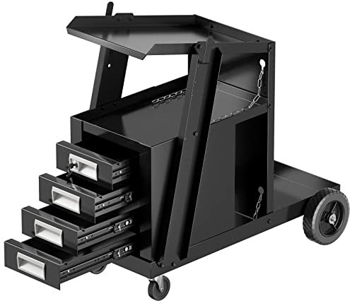 COSTWAY Chariot d'Atelier de Soudage à 4 Tiroirs avec Stockage de Réservoir, Chariot à Outils avec Chaîne de Sécurité Charge 45 KG, pour Soudage TIG MIG Arc et Coupeur de Plasma, Noir