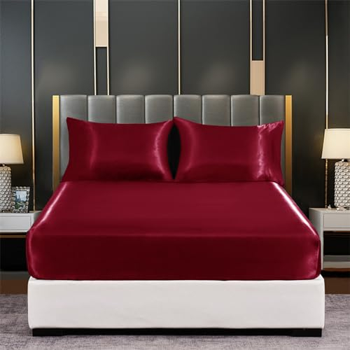 Tospass Satin Spannbettlaken 180x200cm Boxspringbett Topper Weinrot Luxus Seide Glanzsatin Spannbetttuch Glatt Leintuch Weiche Microfaser Bettlaken für Matratze bis 15-30cm Hohe