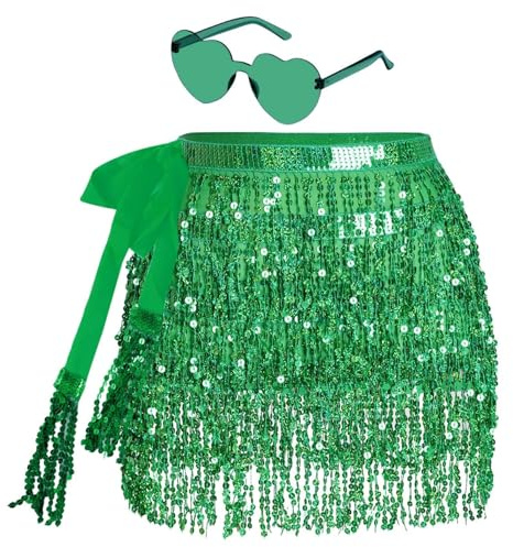 Jupe à paillettes pour femme - Jupe à franges à paillettes avec lunettes hippie - Mini jupe latine courte - Costume de danse du ventre - Costume de rave pour femmes et filles (DE/NL/SE/PL,