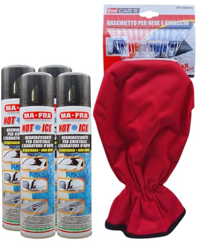 FEI FAN Set Auto: Deghiacciante Not Ice per Cristalli e Serrature D'Auto Istantaneo, Non Unge 300ml + Raschietto a Guanto per Neve e Ghiaccio (Colori Assortiti) (4xNot_Ice+Raschietto)