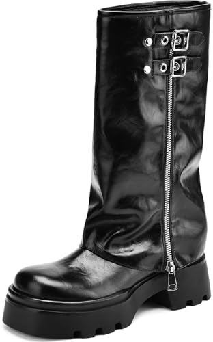 TEAIEUI Knee High Boots Women Chunky Platform Moto Riding Boots Slouchy Fold Over Wide Calf Motorcycle Biker Boots for Women with Fashion Buckle Black 8.5