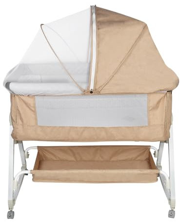 Kedia Babybett, Beistellbett, Kinderbett mit Moskitonetz, Baby Wiege, 6 Höhenverstellung, Babybetten Stubenwagen, 4 Räder mit Bremse, 95 * 50 * 98-110cm (Beige)