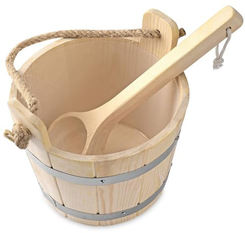 Kit de sauna Cubo de sauna de madera conservante con revestimiento de plástico de 9,9 pulgadas con cucharón Sauna de barril reforzado con mango grueso para sauna Baño Barril Kit de sauna Cubo de