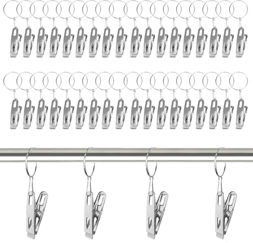 VirtuGro 30mm Curtain Rings with Clips 40Pcs Curtain Rod Ring Clips Set Metal Drapery Ring Clip Shower Blind Clip Rings for Home Kitchen Bathroom Window Photo Art Craft DIY, Sliver