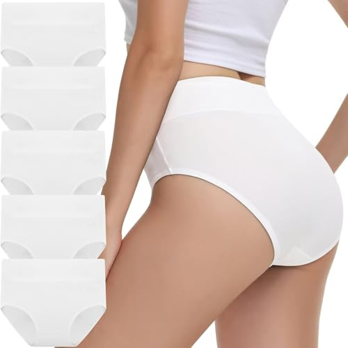 IceReco Bragas Mujer Algodon Talle Alto Pack de 5 Bragas Postparto Braguitas Algodon Mujer Cintura Alta Algodón Culotte Ropa sin Costuras Cómodo Interior Braguitas de Control Reductoras Blanco M