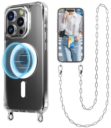 UnnFiko Crossbody Phone Lanyard for iPhone 15 Pro Max Case Compatible with Magsafe Clear, Metal Phone Strap Phone Case Shockproof Protection, Magnetic Phone Case for iPhone 15 Pro Max(Silver Lanyard)