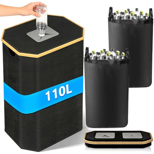 KDISHKRA 110L Groß Pfandflaschen Sammelbehälter mit Deckel und 2 Tragetasche, Flaschensammler Leergut, Recycling-Behälter, Pfandflaschen-Behälter für Küche Abstellraum Flaschentasche, Schwarz