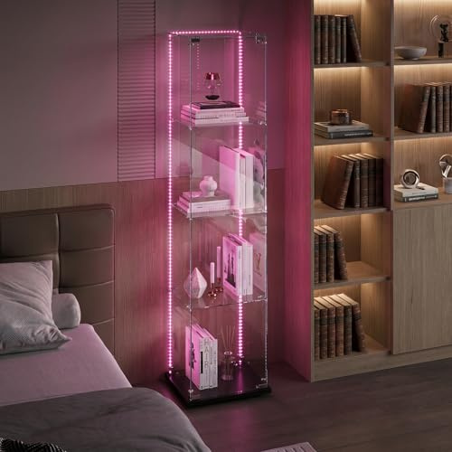 Zorvani Vetrinetta in Vetro,Vetrinetta Espositiva LED,Vetrina Soggiorno Moderna con 4 Ripiani in Vetro con 1Porta e Serratura,Vetrine per Collezionismo,Vetrina negozio (Nero+LED 2, 1Porta)