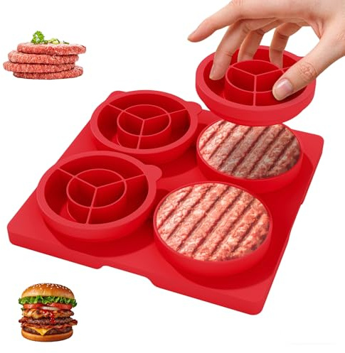 FuPatio 4 in 1 Hamburger Patty Maker, 4 Quarter-Pound Burgers 32 Oz. Silicone Burger Press Mold, Thickened Burger Press and Freezer Storage Container, Non-Stick Burger Shaper Mold, Red