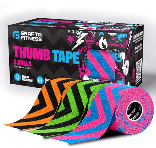 Grafta Fitness Thumb Tape – Easy Tear Stretchy Weightlifting Thumb Tape for Hook Grip & Crossfit – Sweat-Proof Gym Tape for Finger Protection 3.8cm x 4.5m (Mixed - 3 Pack)