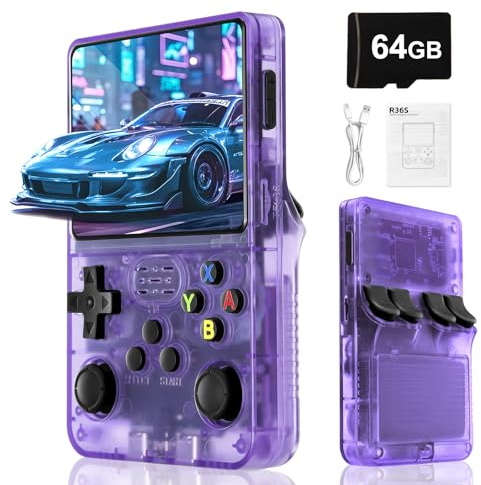 Rbic Console per videogiochi retrò R36S-Batteria da 3000mAh, schermo HD da 3,5 pollici, scheda TF da 64GB, sistema operativo Linux open source,20000videogiochi classici, console portatile-Viola