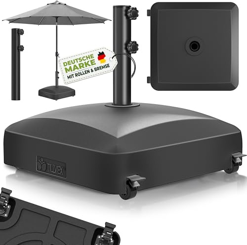 tillvex® Base de sombrilla PAVERA con Ruedas y Frenos | Soporte de lastre rellenable 37L / 56kg | Pie para Parasol y sombrilla de Mercado Ø 1,8-3,7m | Resistente a la Intemperie y UV (Negro)