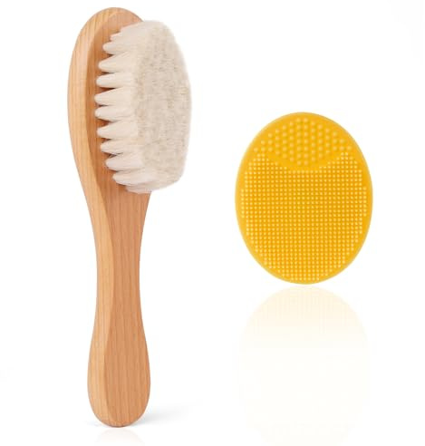 Beugo 2STK Baby Hårborste, Super Mjuk Borste med Getborst och Baby Silikonborste Set för Vaggskål för Nyfödda Pojkar Flickor, Gul