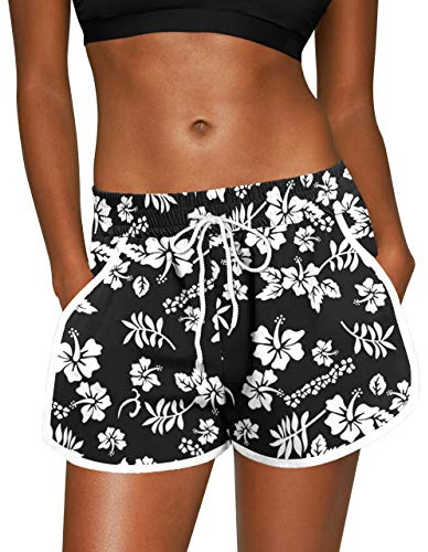 For G and PL Womens Summer Causal Beach Short Drawstring Elastic Waistband Sports Boardshort Black Floral M