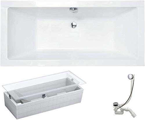 VBChome Vasca da bagno 155 x 70 cm in acrilico, rettangolare, bianco, design moderno, set di supporto in polistirolo, cromato, per 2 persone, con sifone