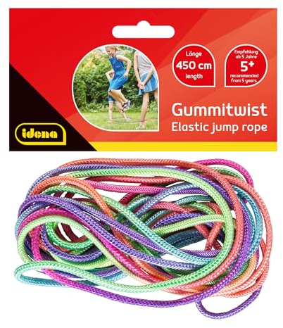 Idena 40188 - Gummi-Twist für Kinder, 4,5 m langes Seil in bunten Farben, unterhaltsames Hüpf-Spiel mit verschiedenen Sprungabläufen und Schwierigkeitsgraden