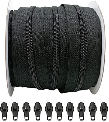 25 Metros Rollo de Cremallera Continua de Nylon + 10 Cursores Deslizadores Automáticos de Metal 5#, para Coser Ropa, Cremallera por Metros, (25 metros + 10C, Negro 332)