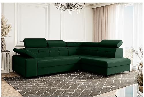 MEBLINI Schlafcouch mit Bettkasten - Ecksofa mit Schlaffunktion - Sofa mit Relaxfunktion und Kopfstützen - Couch L-Form - Eckcouch - Wohnlandschaft - Bergamo - 274x203x83cm Rechts - Grün Samt