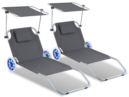 ISOISL 2 tumbonas de playa con ruedas, plegables, 5 posiciones, respaldo ajustable, 100 kg, para playa o piscina, jardín, silla de playa plegable, color gris