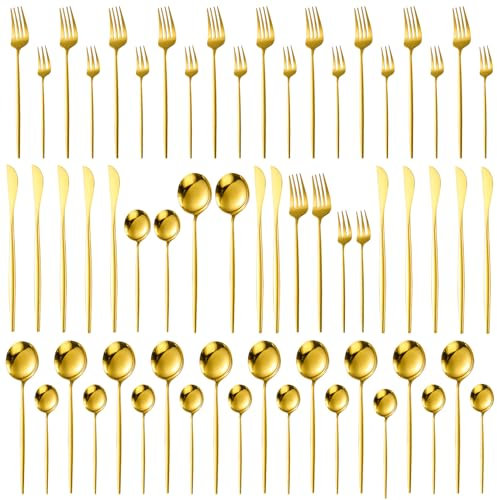 Besteck Set 12 Personen, Glod 60 teilig Edelstahl Bestecksets, Elegantes Essbesteck, Hochglanzpoliert und Spülmaschinenfest, mit Messer Gabel Löffel