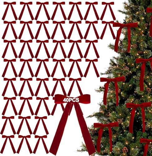 40 fiocchi di velluto rosso per albero di Natale, lazos Rojos Para Arbol De Navidad, decorazioni per ghirlande, ghirlande, fiocchi in velluto, con 800 fascette dorate