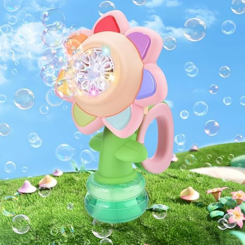 Wiederaufladbar Seifenblasenmaschine, Blumen Seifenblasenpistole Kind mit Licht und Seifenblasen Flüssigkeit, Bubble Machine Gun, Blasenspielzeug Geschenke für Mädchen/Geburtstag/Party/Hochzeit