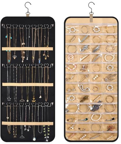 saerryor Dual-sided Jewelry Organizer Hanging with Metal Hooks,48 Pockets and 3 Wave-Shaped Hooks,Jewelry Roll for Earrings,Necklaces,Rings