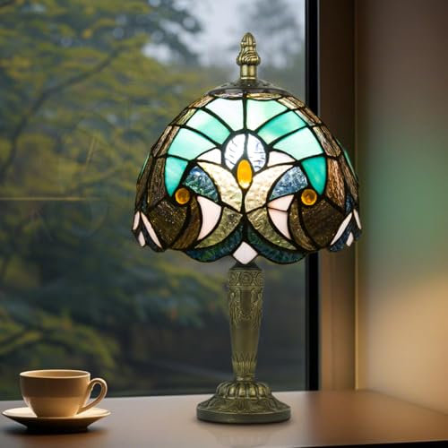 Crefotu Small Tiffany Style Table Lamp, 3 Color Temperatures Bedside Lamp, 8 Inch Stained Glass Desk Light for Home Office Bedroom Living Room (Baroque)