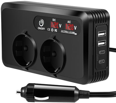 Trasformatore di tensione auto da 200 W, 12 V a 230 V, 7 in 1, con 2 prese da 230 V, 20 W, USB-C PD, 18 W USB-A + accendisigari da 120 W, per laptop, campeggio, viaggi su strada