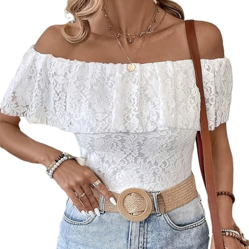 FeMereina Women's Lace Off Shoulder Tshirts Sexy Short Sleeve Ruffle Flower Sheer Tops Summer Crop Slim Fit Going Out Tops
